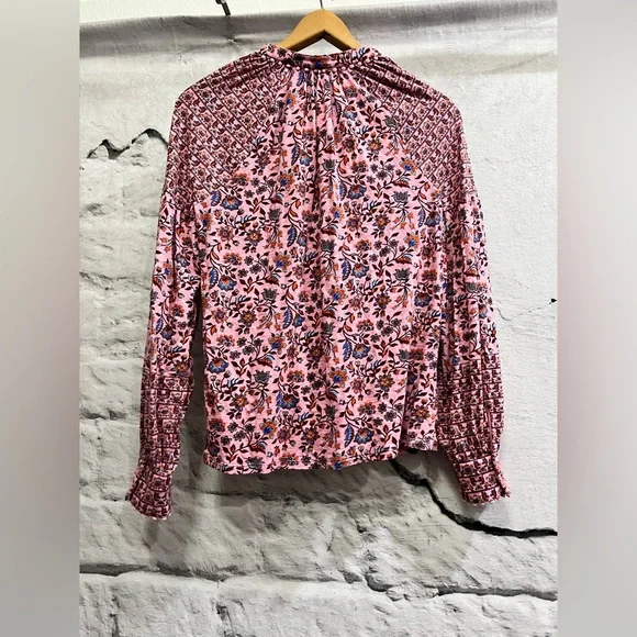 Boden Floral Printed Pink Jersey Blouse Long Ballon Sleeve Boho Button Up Top - Picture 5 of 9